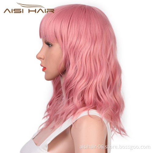 Aisi Hair Wholesale Top Quality Short Bob Pink Wig With Neat Bangs Synthetic Short Curly Wave Wigs For Black Women